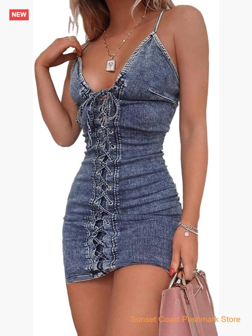 Sexy Spaghetti Strap Lace-Up Bodycon Mini Denim Sun Dress Club Party